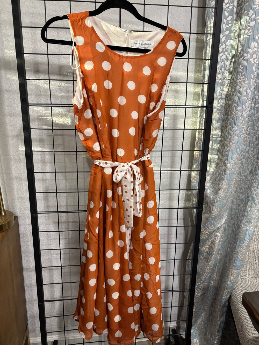 Emma & Michele Rust Orange Polka Dot Sleeveless Midi Dress with White Belt